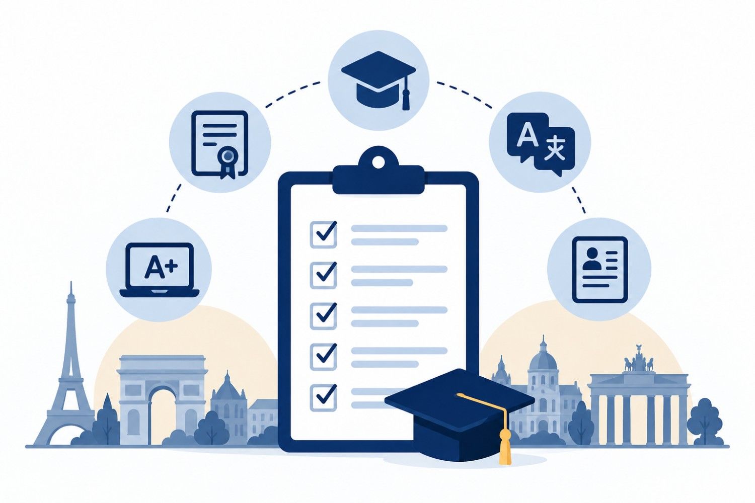 Illustration of ESCP MiM admission requirements with academic documents, language proficiency, application profile and European campus symbols.